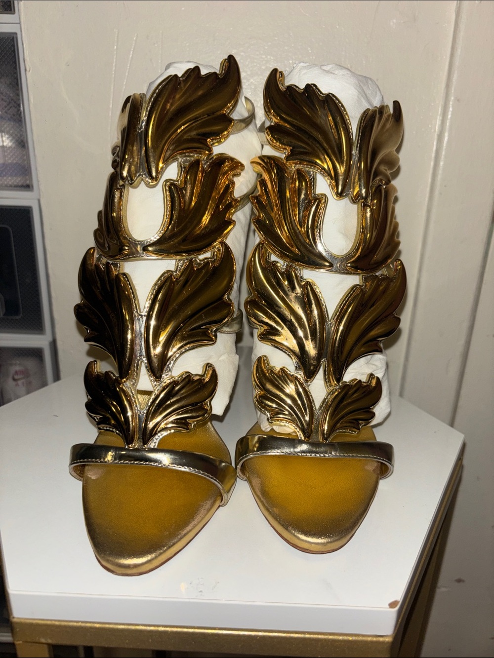 Giuseppe Zanotti Gold Leaf Embellished White Sandals